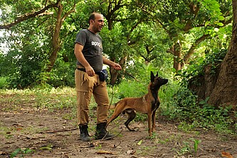Ein Entminer und ein belgischer Schäferhund stehen in einem Wald