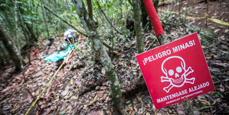 Landminen Warnschild in einem Wald in Kolumbien